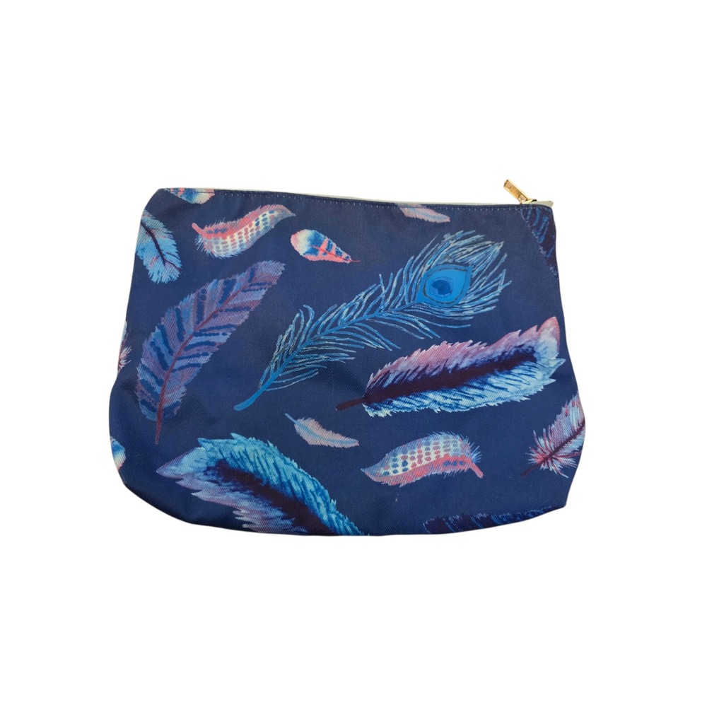 Pura Vida Navy Blue Peacock‎ Feather Print Canvas Pouch Makeup Bag Zippered Case - Picture 10 of 11